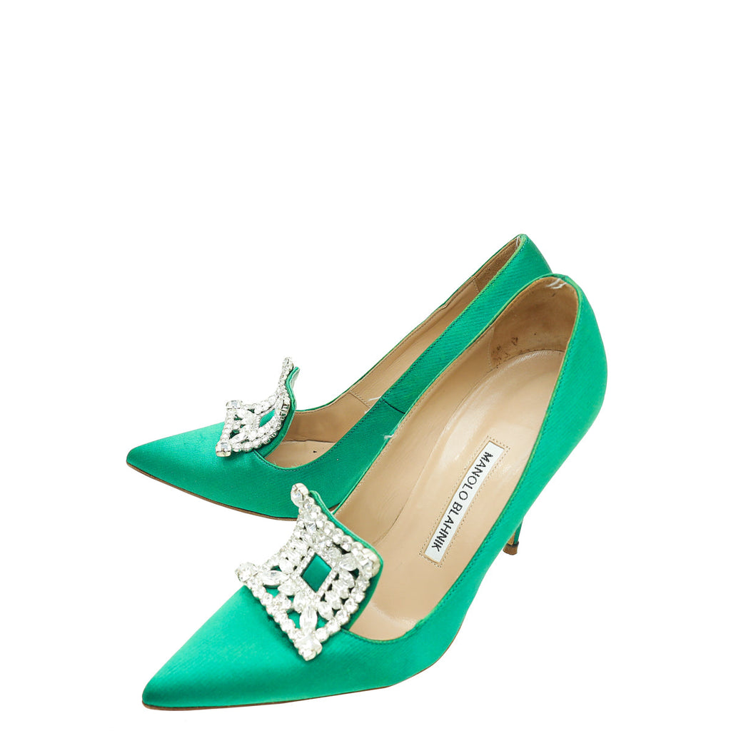 Manolo Blahnik Green Satin Borlak Pumps 37.5