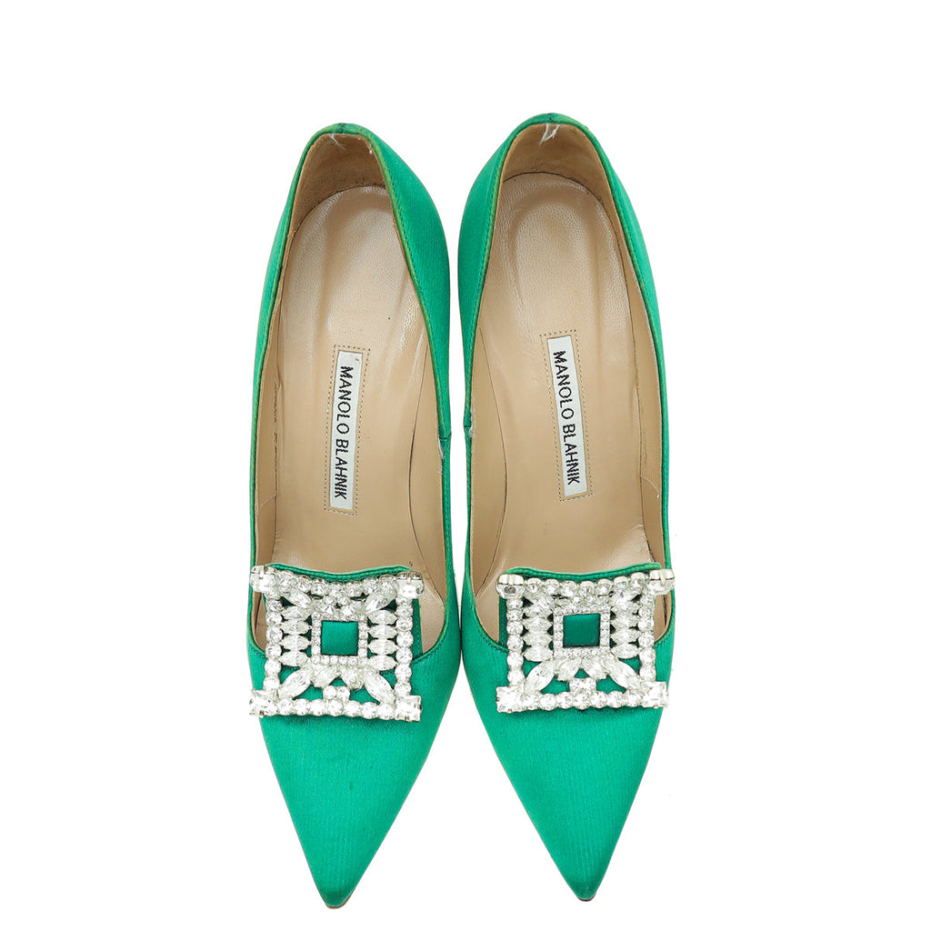 Manolo Blahnik Green Satin Borlak Pumps 37.5