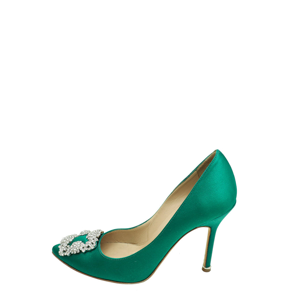 Manolo Blahnik Green Satin Hangisi Pump 37