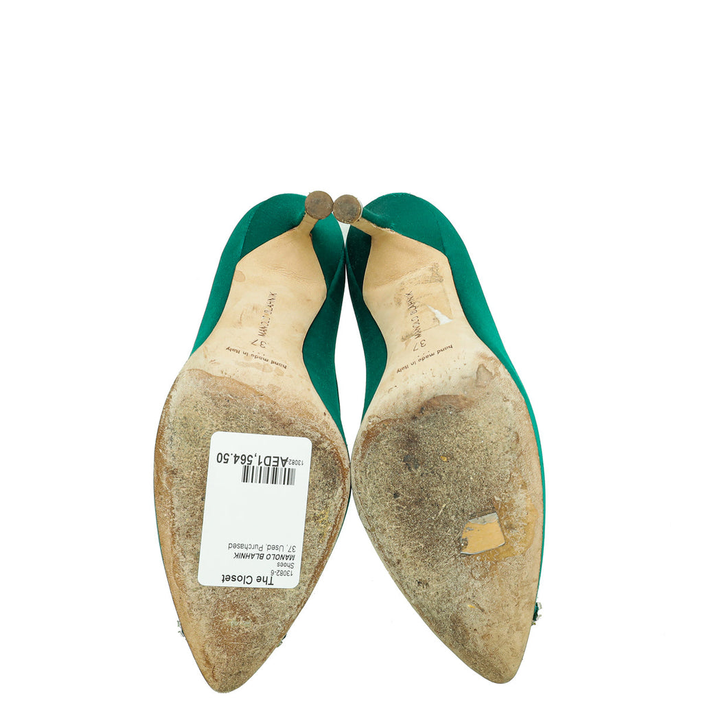 Manolo Blahnik Green Satin Hangisi Pump 37