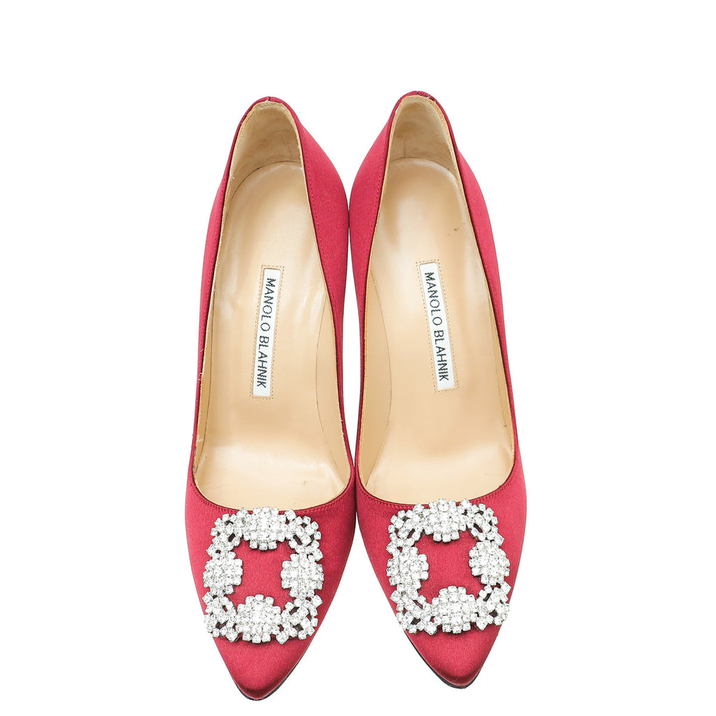 Manolo Blahnik Wine Red Satin Hangisi Pump 37