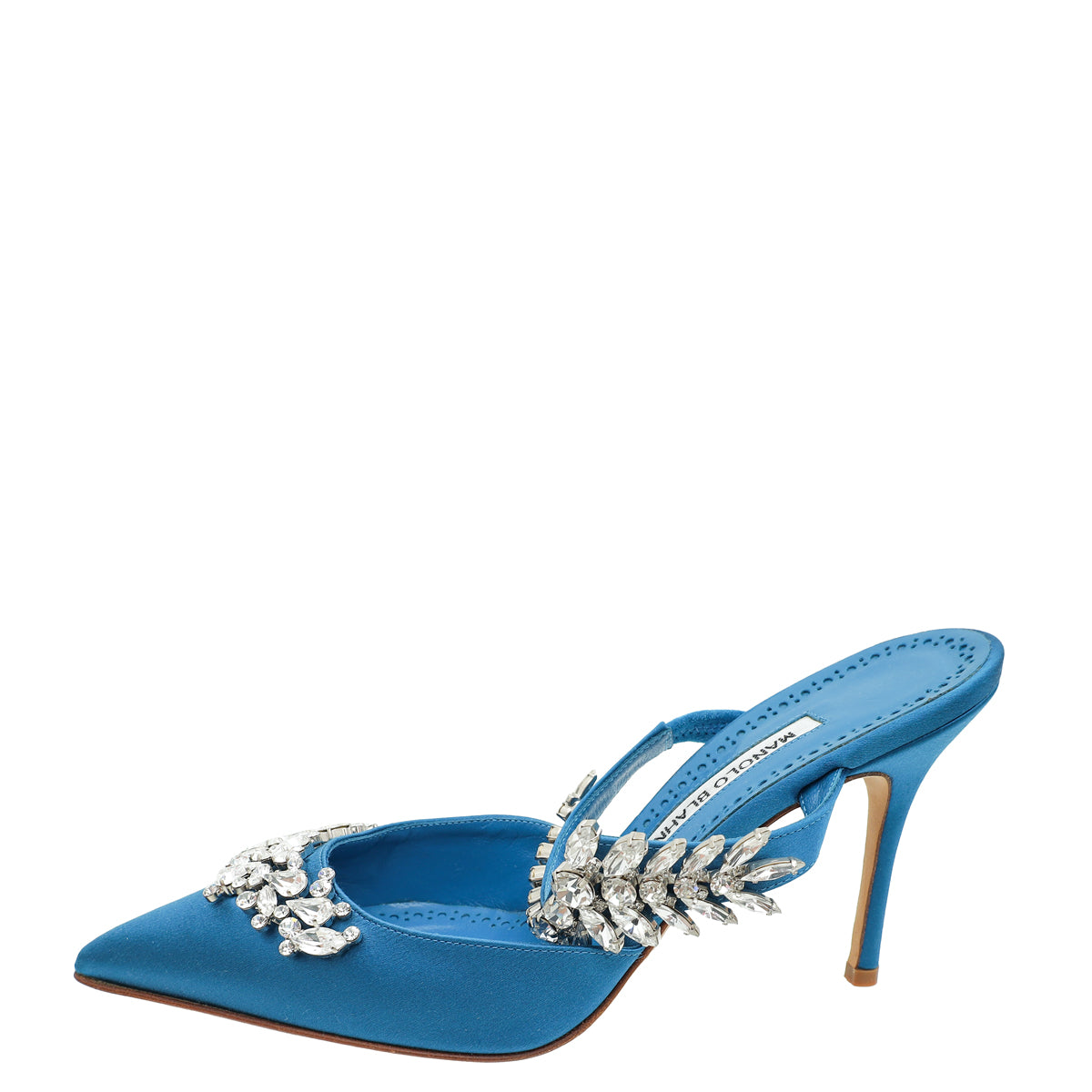 Manolo Blahnik Dark Teal Lurum Satin Crystal Slingback Mules 38.5