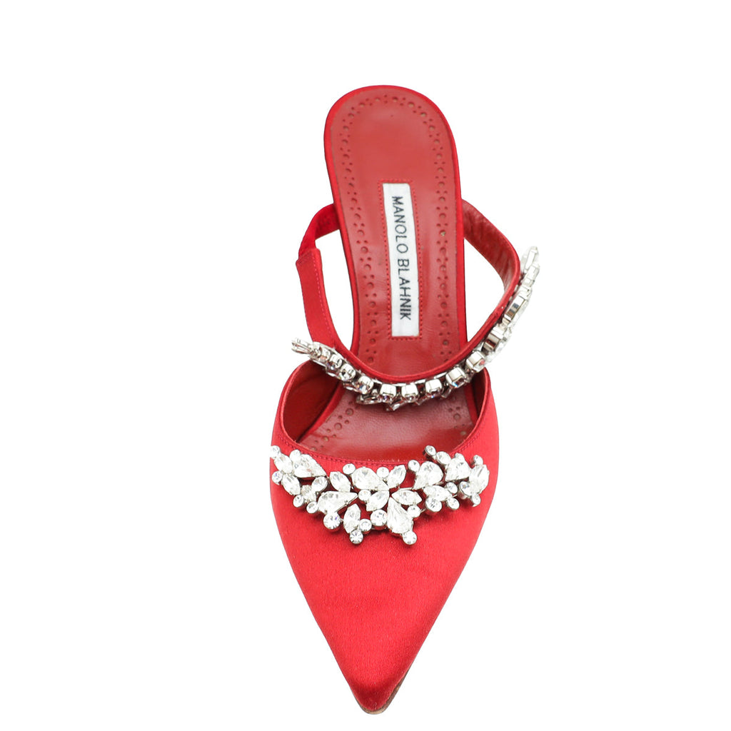 Manolo Blahnik Dark Red Lurum Satin Crystal Slingback Mules 38.5