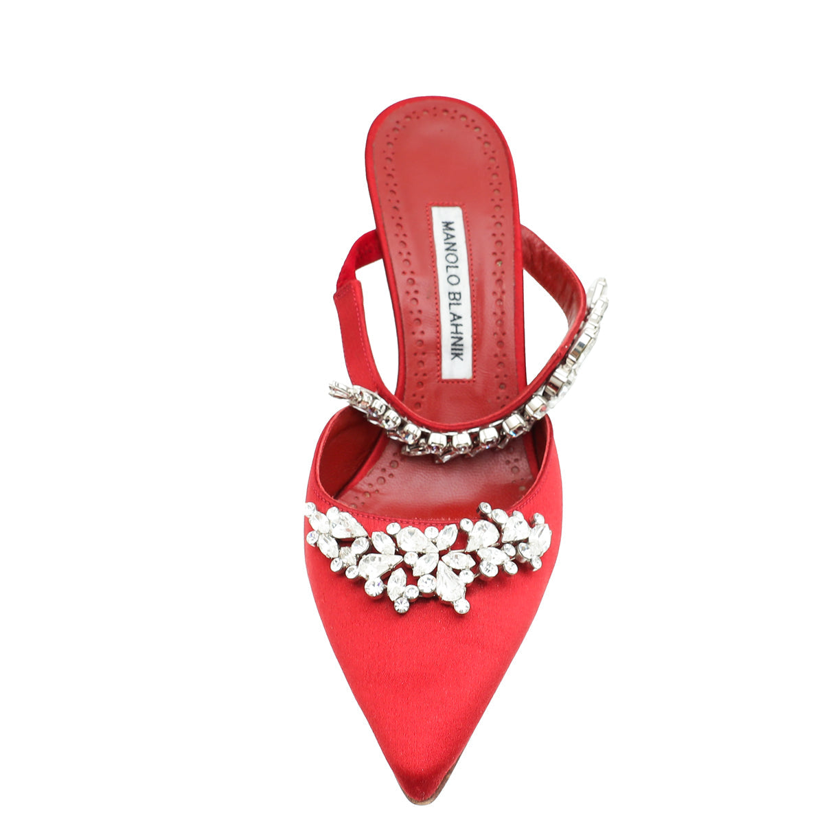 Manolo Blahnik Dark Red Lurum Satin Crystal Slingback Mules 38.5