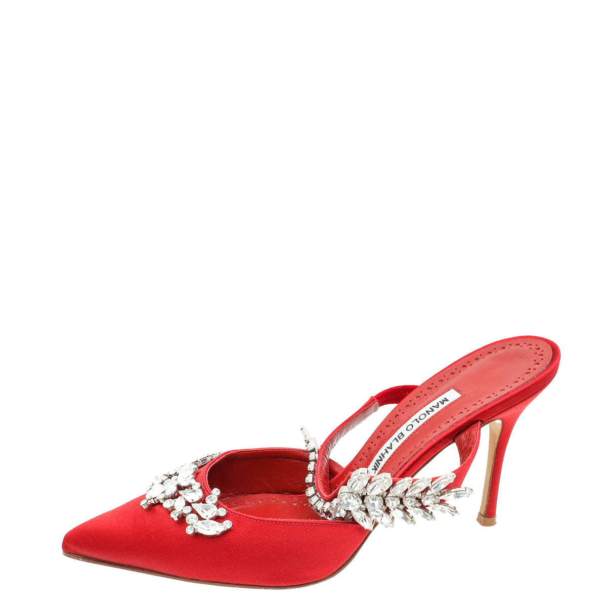Manolo Blahnik Dark Red Lurum Satin Crystal Slingback Mules 38.5