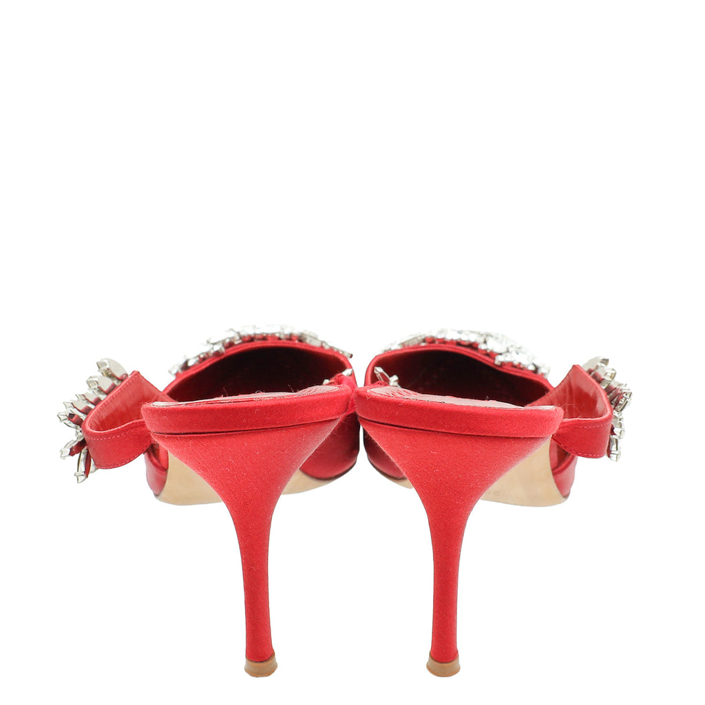 Manolo Blahnik Dark Red Lurum Satin Crystal Slingback Mules 38.5