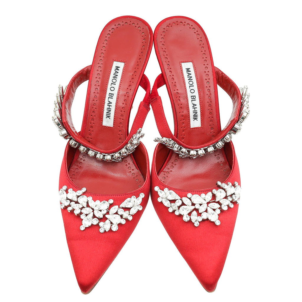 Manolo Blahnik Dark Red Lurum Satin Crystal Slingback Mules 38.5