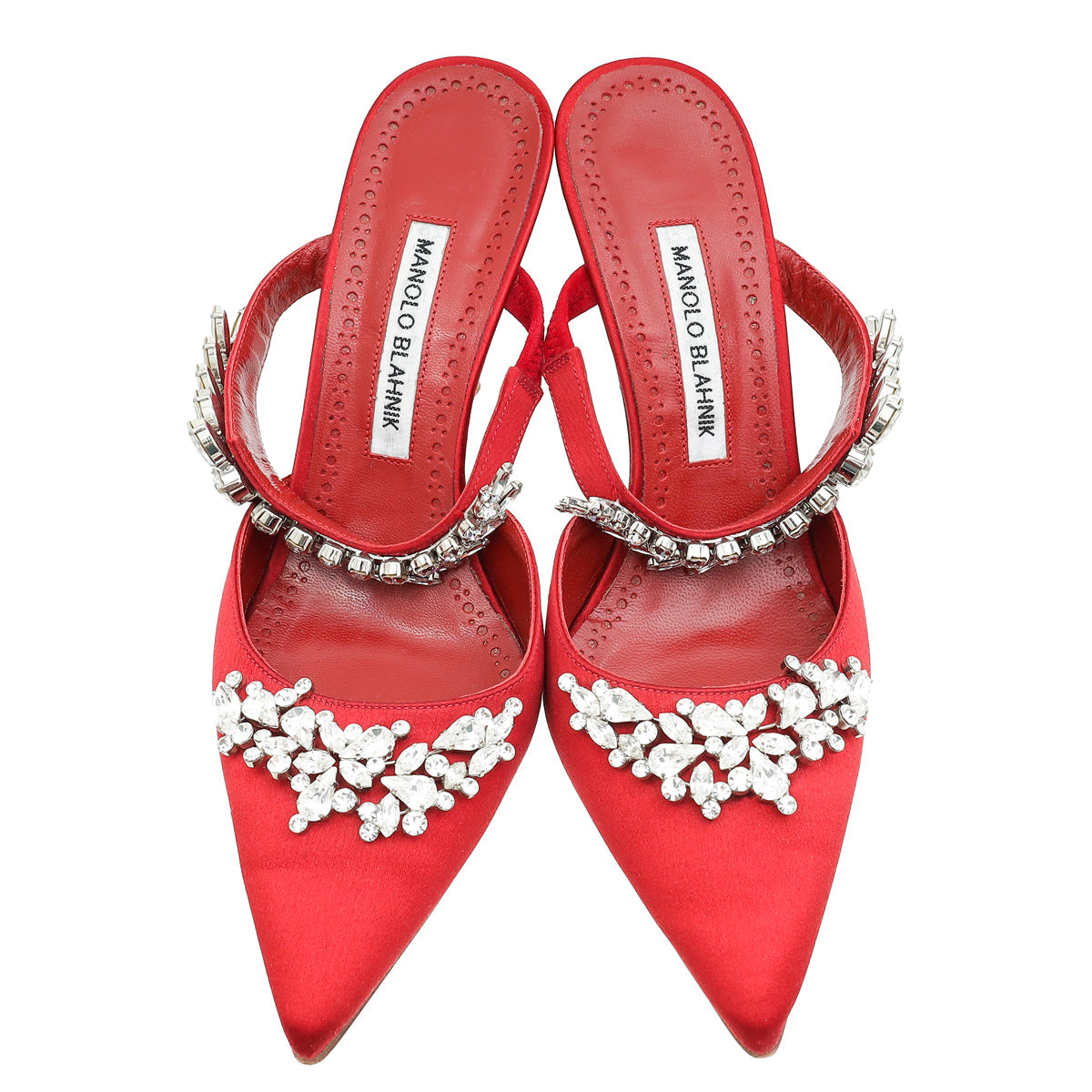 Manolo Blahnik Dark Red Lurum Satin Crystal Slingback Mules 38.5