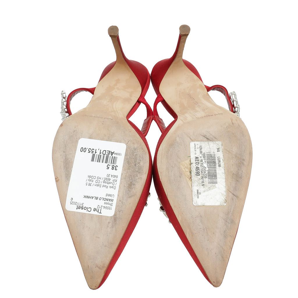 Manolo Blahnik Dark Red Lurum Satin Crystal Slingback Mules 38.5