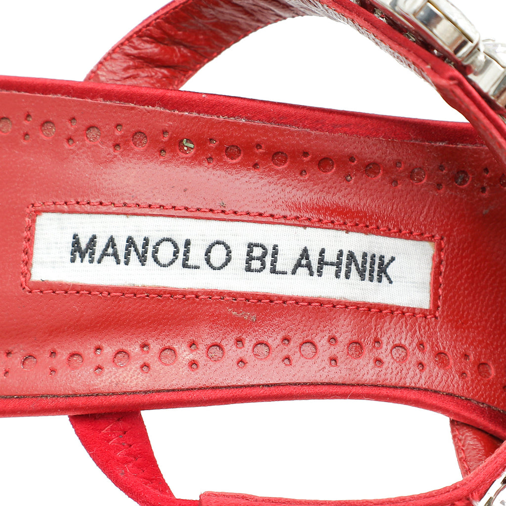 Manolo Blahnik Dark Red Lurum Satin Crystal Slingback Mules 38.5