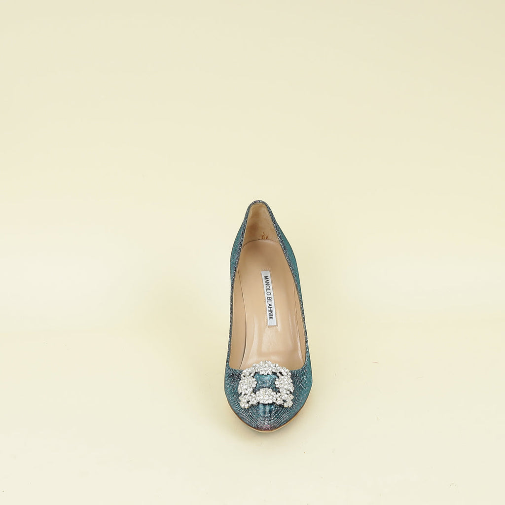 Manolo Blahnik Teal Multicolor Hangisi Glitter Pump 38.5