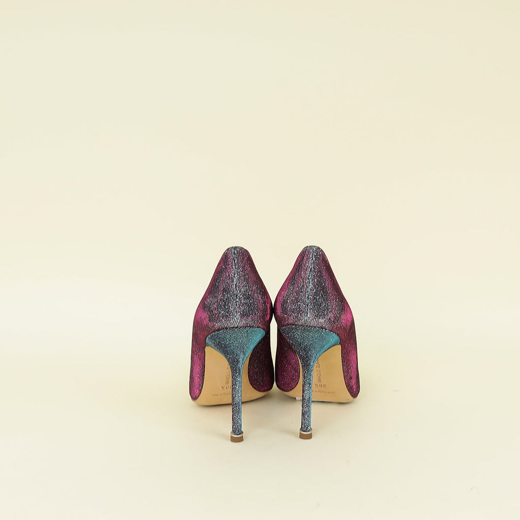 Manolo Blahnik Teal Multicolor Hangisi Glitter Pump 38.5