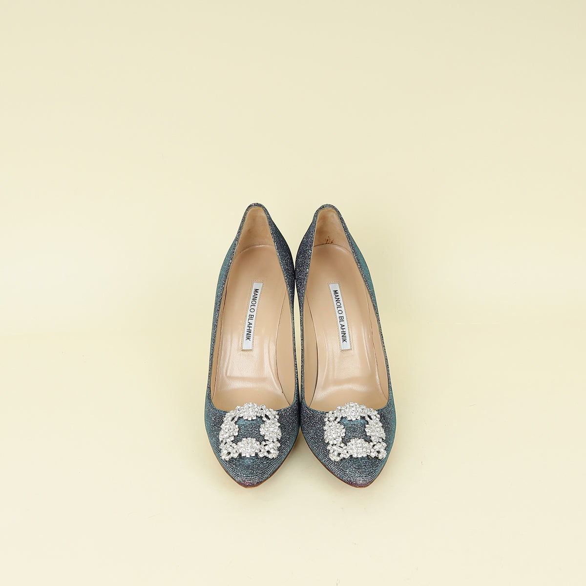 Manolo Blahnik Teal Multicolor Hangisi Glitter Pump 38.5