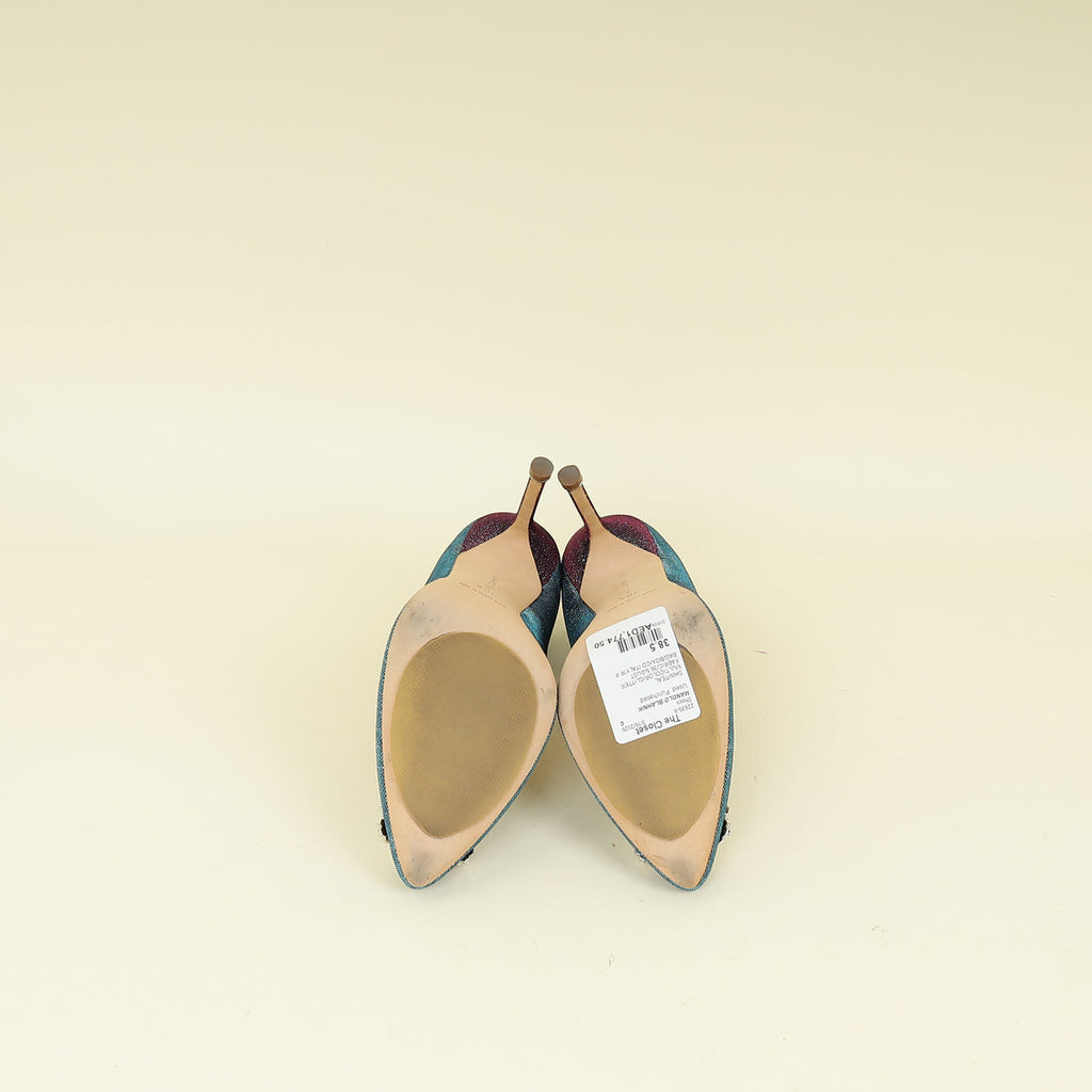 Manolo Blahnik Teal Multicolor Hangisi Glitter Pump 38.5