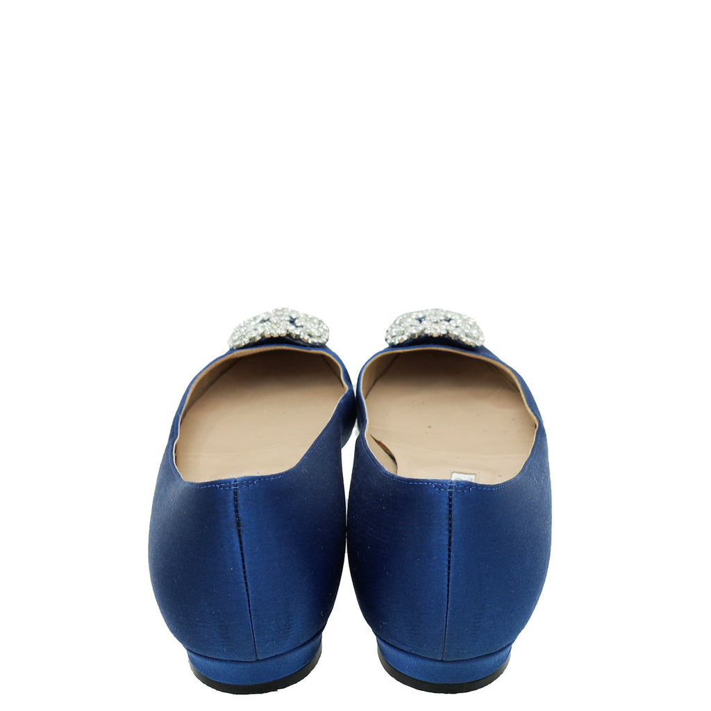 Manolo Blahnik Blue Satin Hangisi Crystal Flat Ballerina 38.5