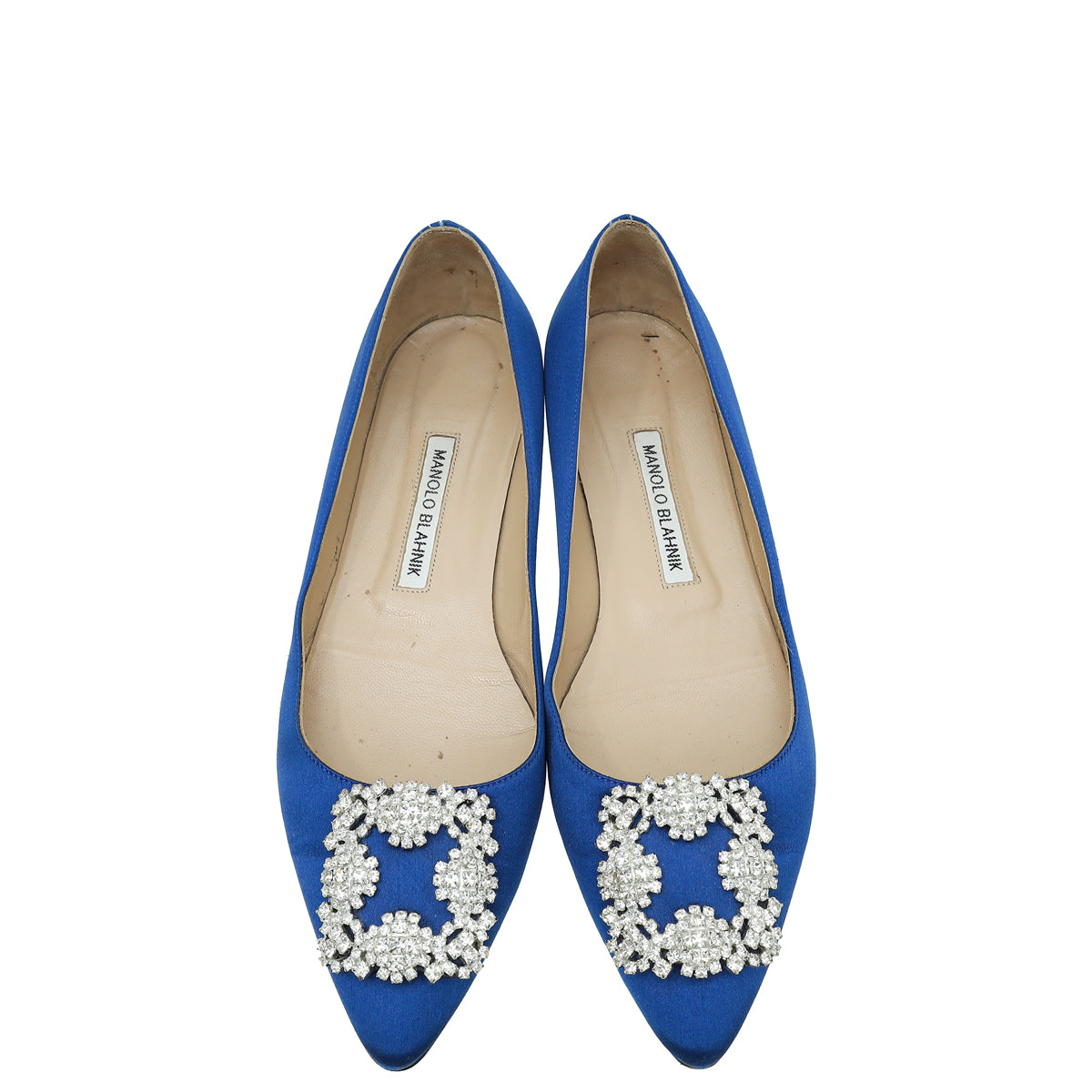 Manolo Blahnik Blue Satin Hangisi Crystal Flat Ballerina 38.5