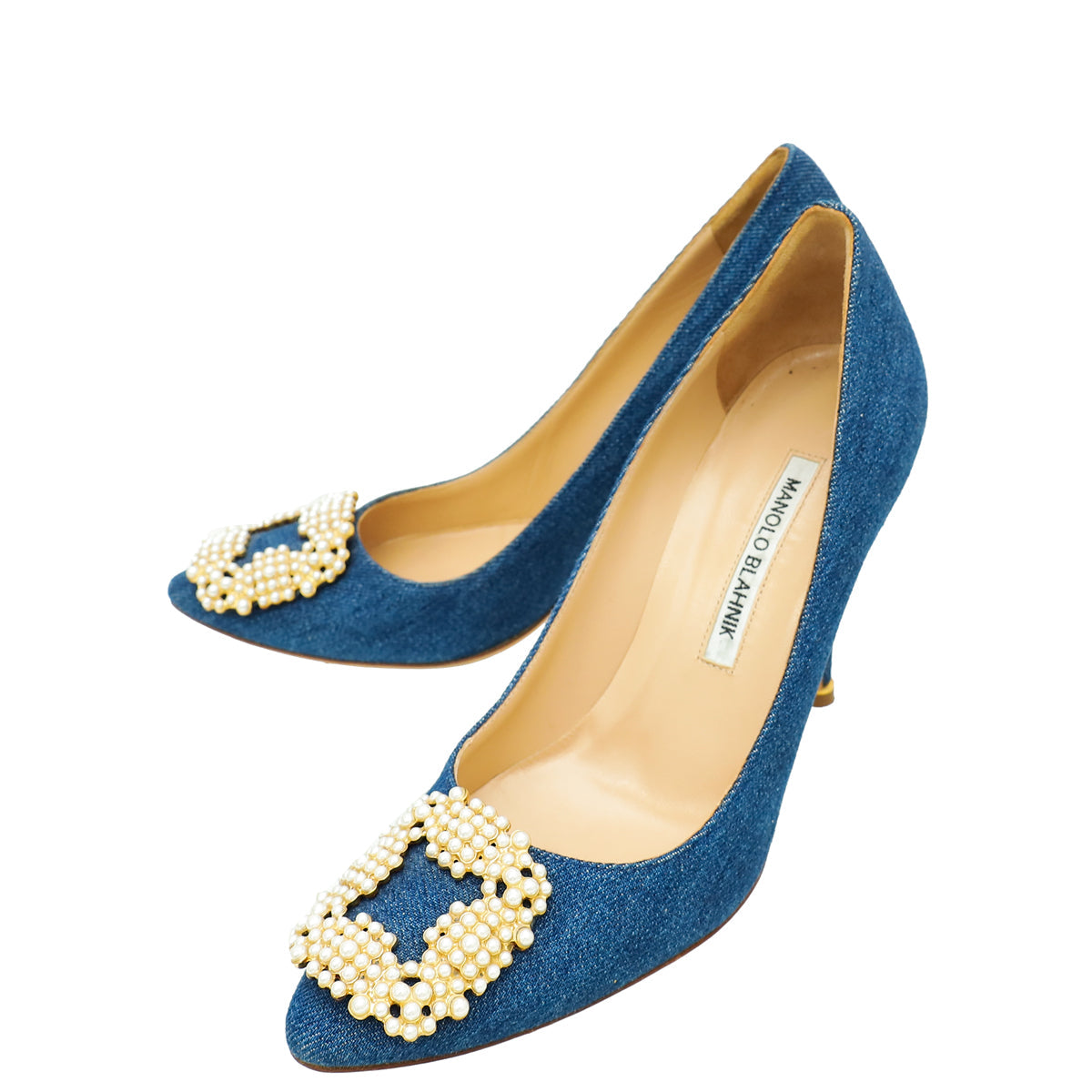 Manolo Blahnik Blue Denim Pearl Embellished Hangisi Pumps 38