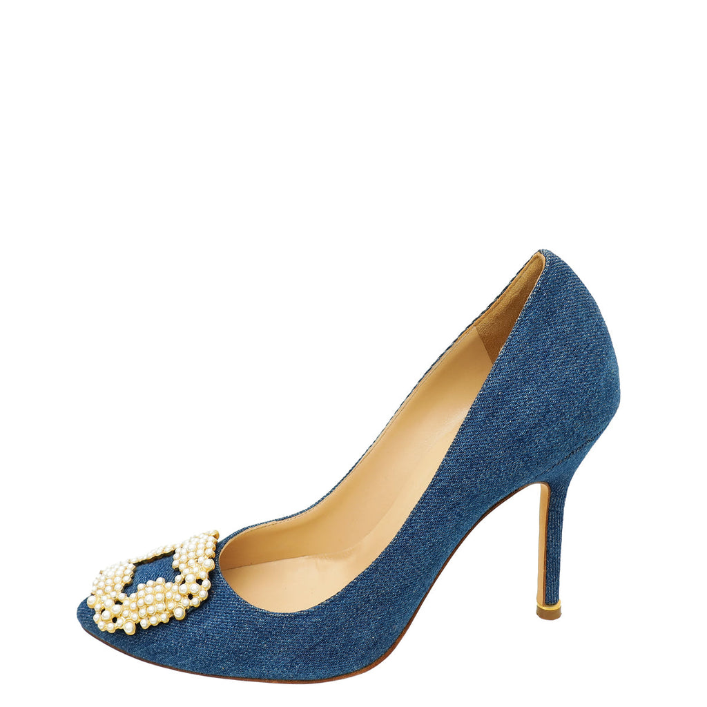 Manolo Blahnik Blue Denim Pearl Embellished Hangisi Pumps 38