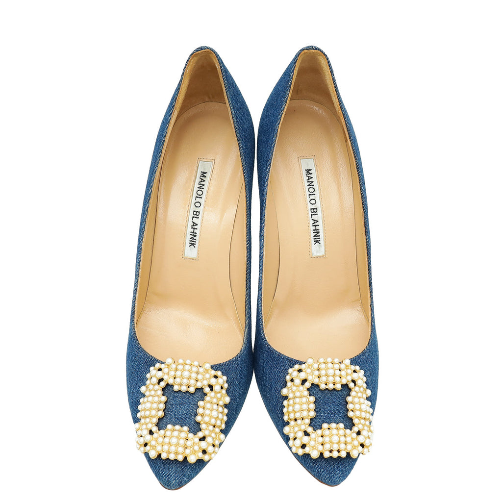 Manolo Blahnik Blue Denim Pearl Embellished Hangisi Pumps 38
