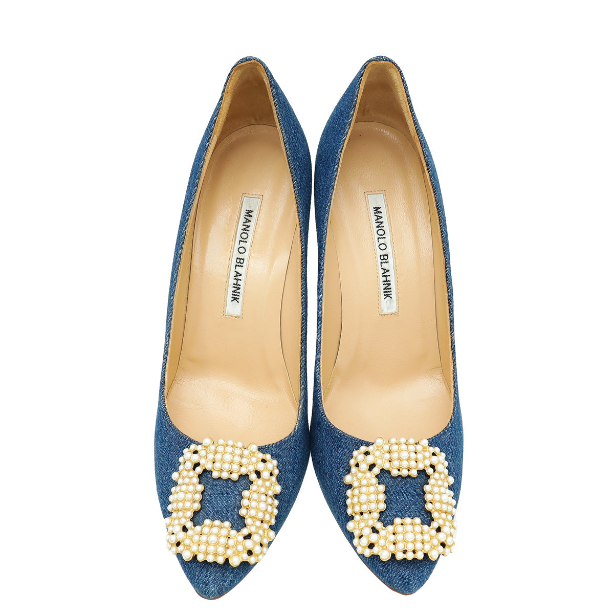 Manolo Blahnik Blue Denim Pearl Embellished Hangisi Pumps 38