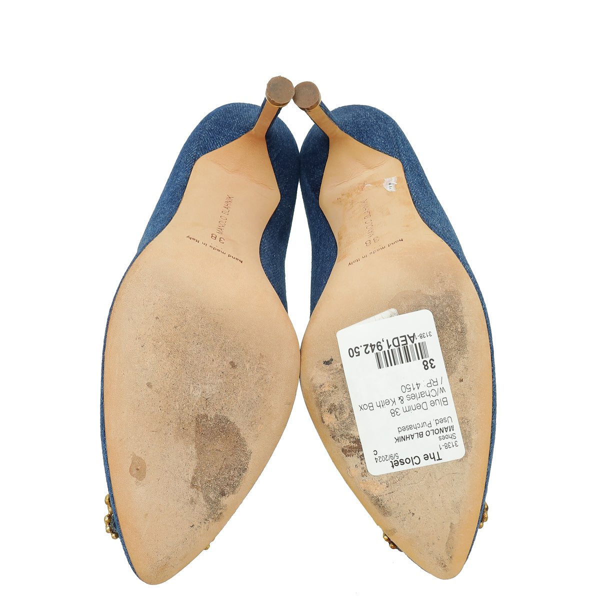 Manolo Blahnik Blue Denim Pearl Embellished Hangisi Pumps 38