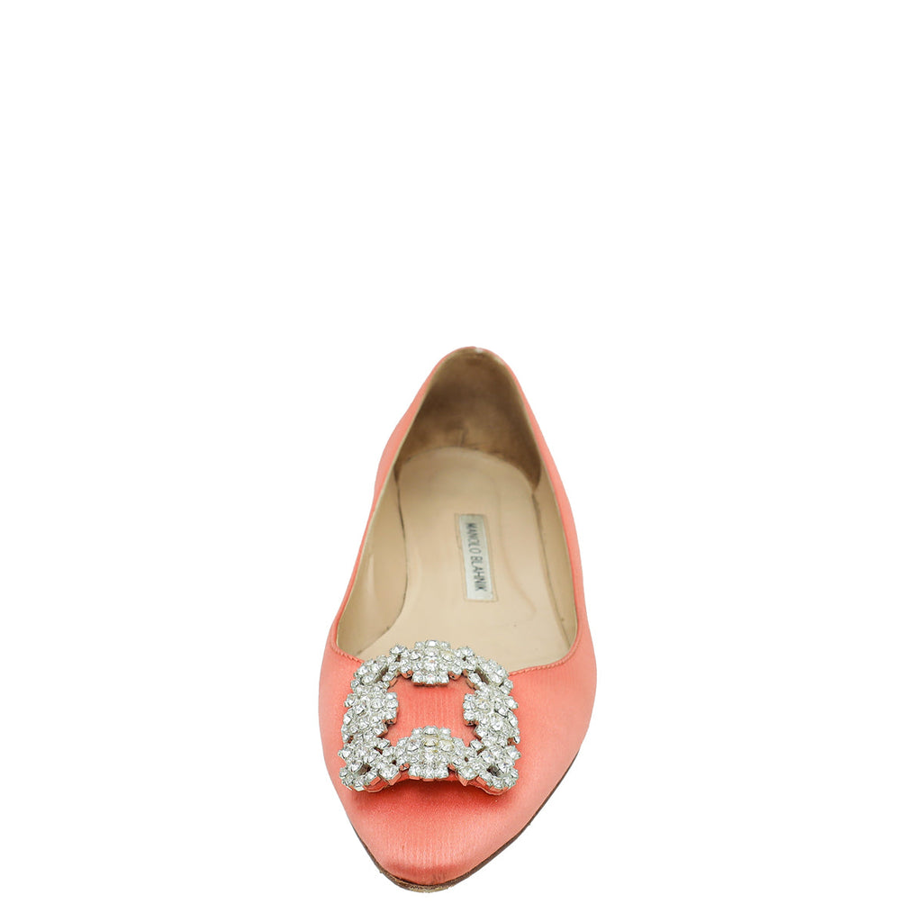Manolo Blahnik Coral Satin Hangisi Crystal Ballerina Flat 39.5