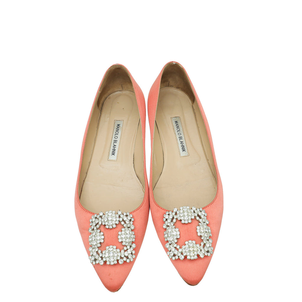 Manolo Blahnik Coral Satin Hangisi Crystal Ballerina Flat 39.5