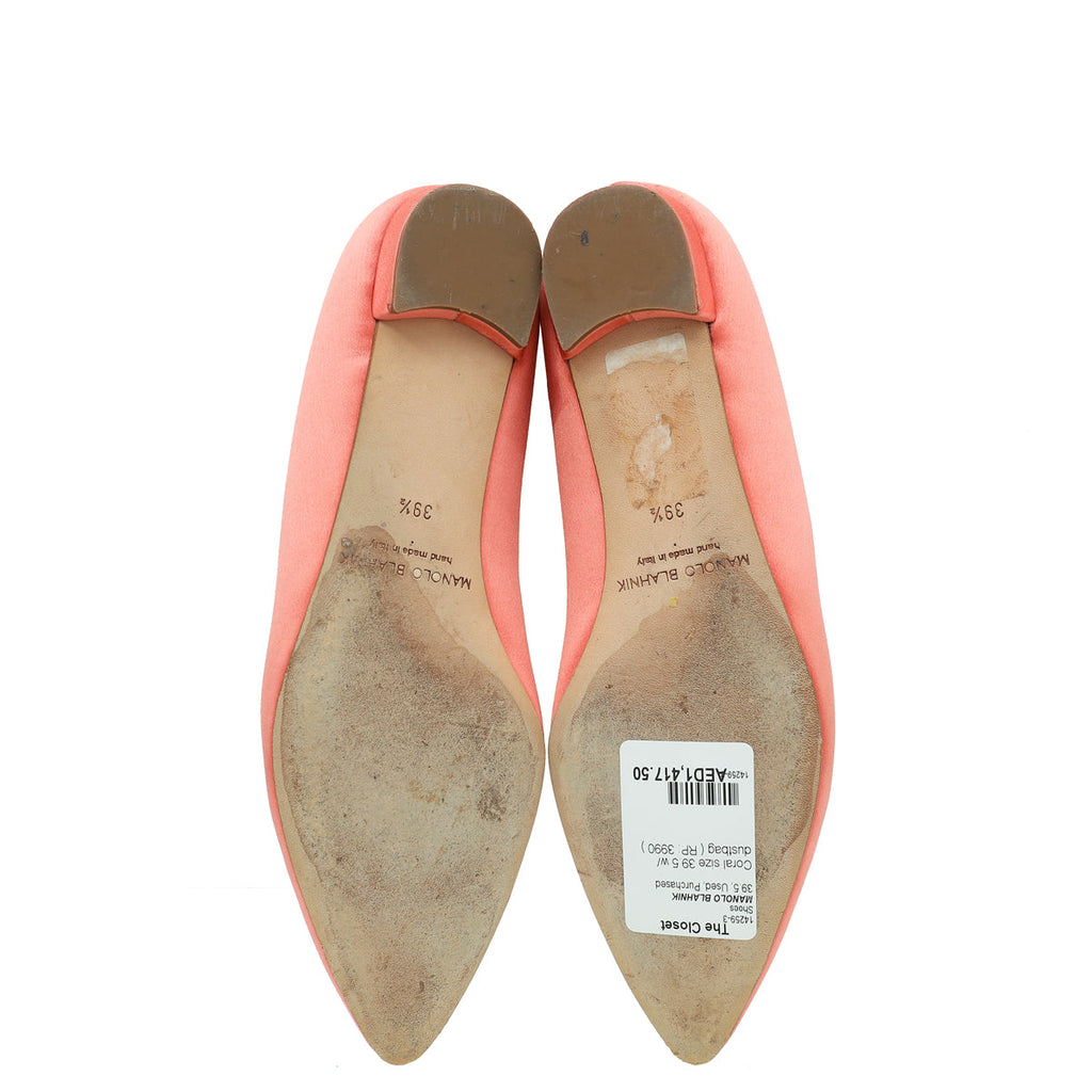 Manolo Blahnik Coral Satin Hangisi Crystal Ballerina Flat 39.5