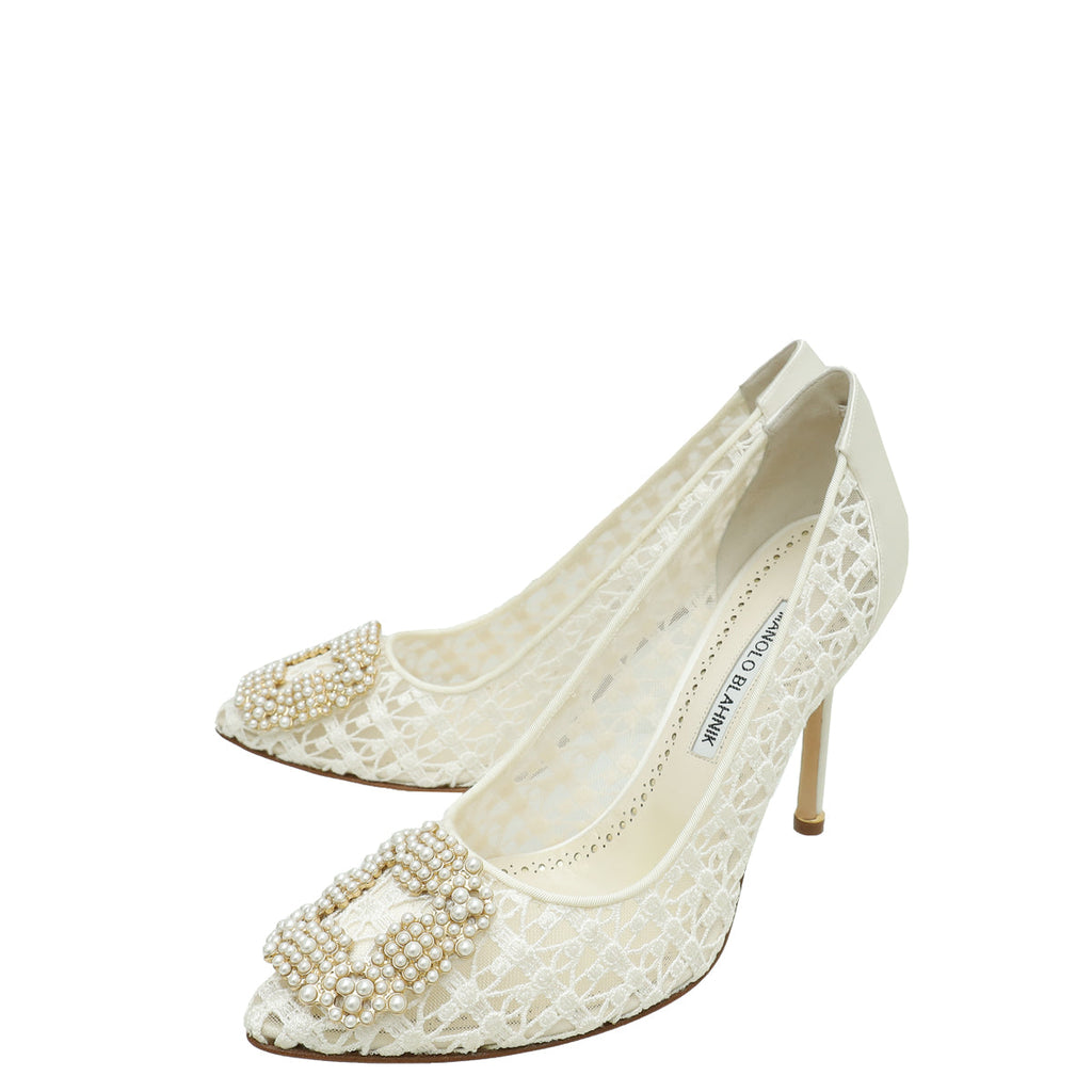 Manolo Blahnik White Hangisi Lace Embellished Pump 39