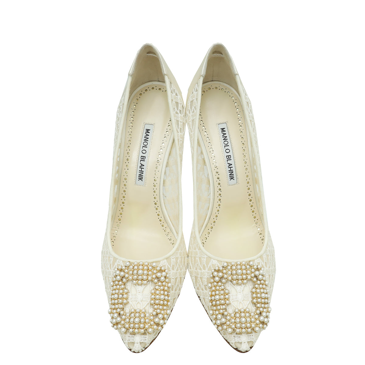 Manolo Blahnik White Hangisi Lace Embellished Pump 39