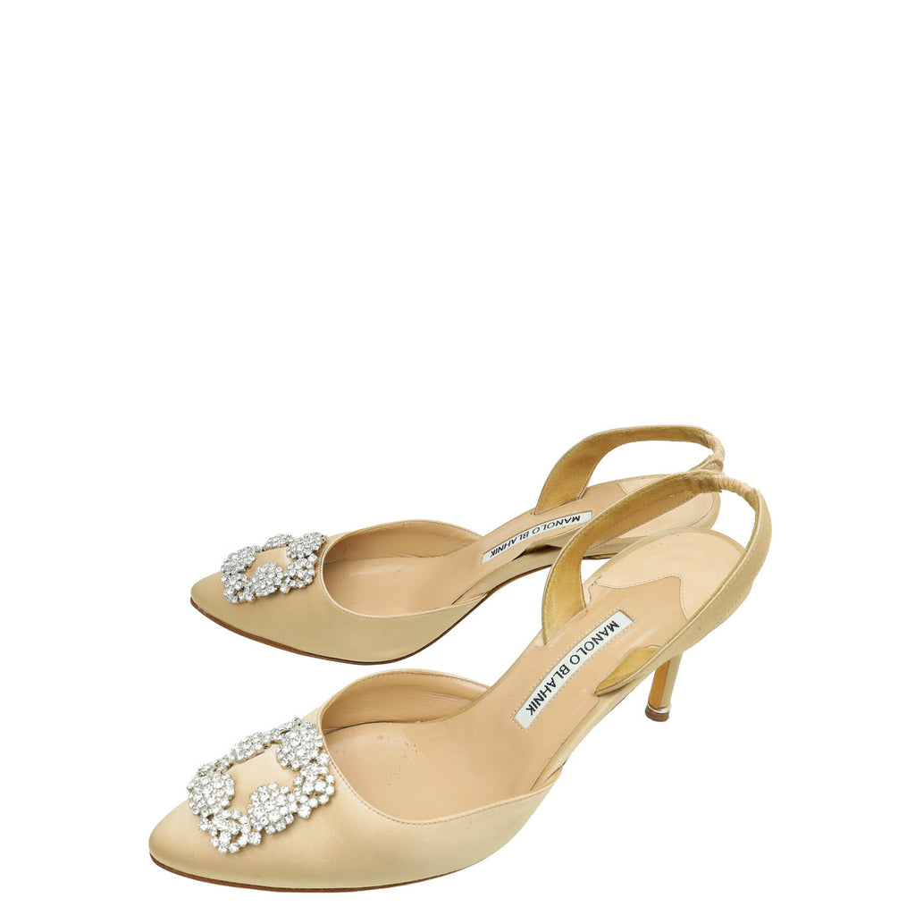 Manolo Blahnik Champagne Satin Hangisi Embellished Slingback 40