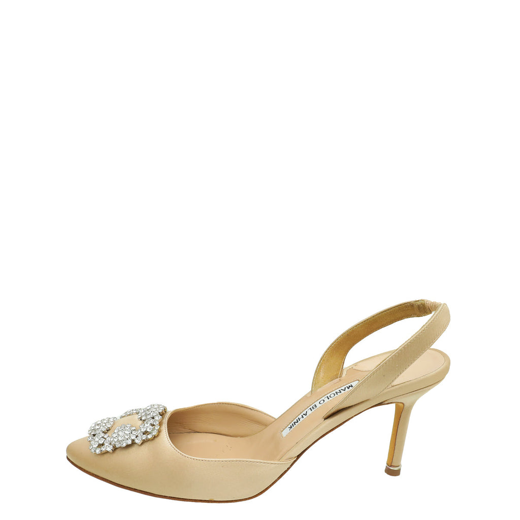 Manolo Blahnik Champagne Satin Hangisi Embellished Slingback 40