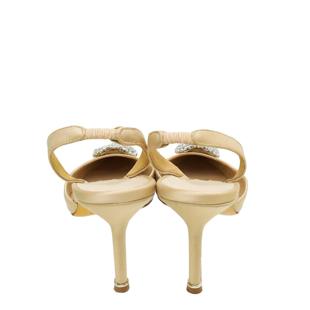 Manolo Blahnik Champagne Satin Hangisi Embellished Slingback 40