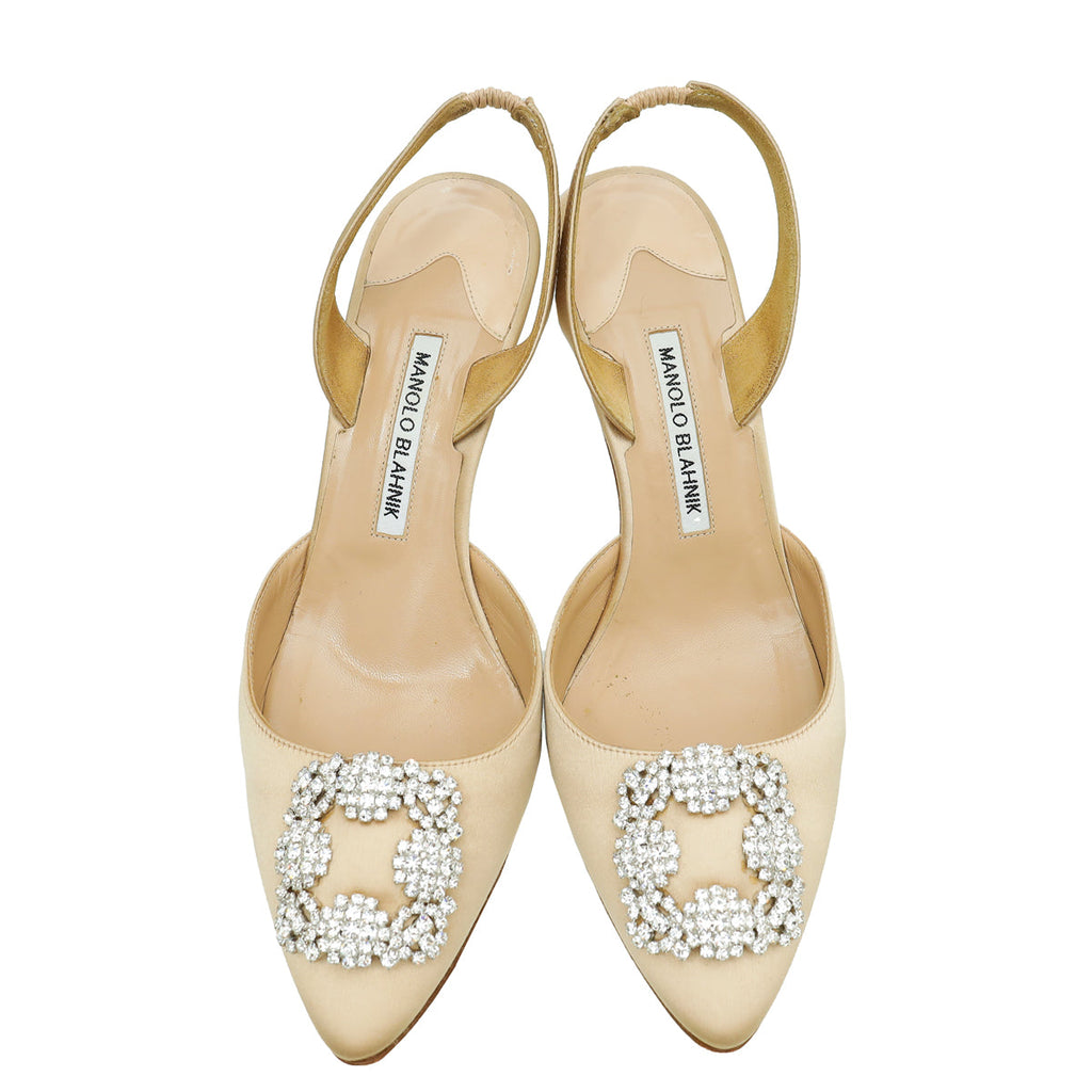 Manolo Blahnik Champagne Satin Hangisi Embellished Slingback 40