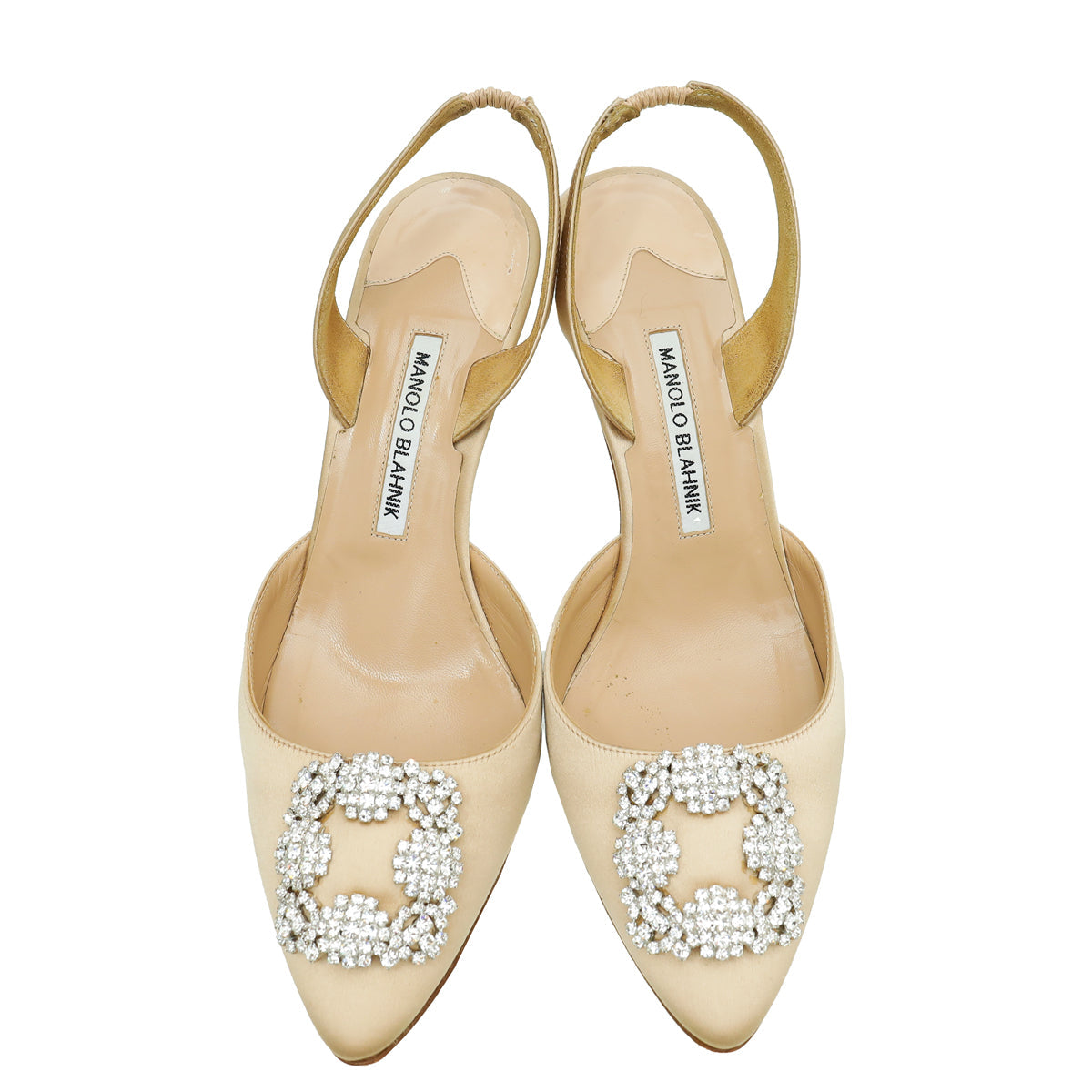 Manolo Blahnik Champagne Satin Hangisi Embellished Slingback 40
