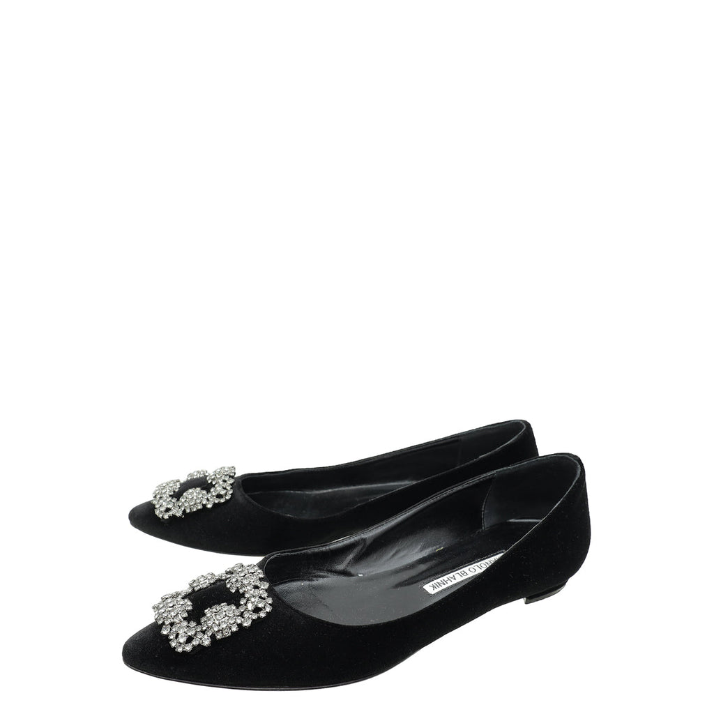 Manolo Blahnik Black Velvet Hangisi Embellished Flat Ballerina 37