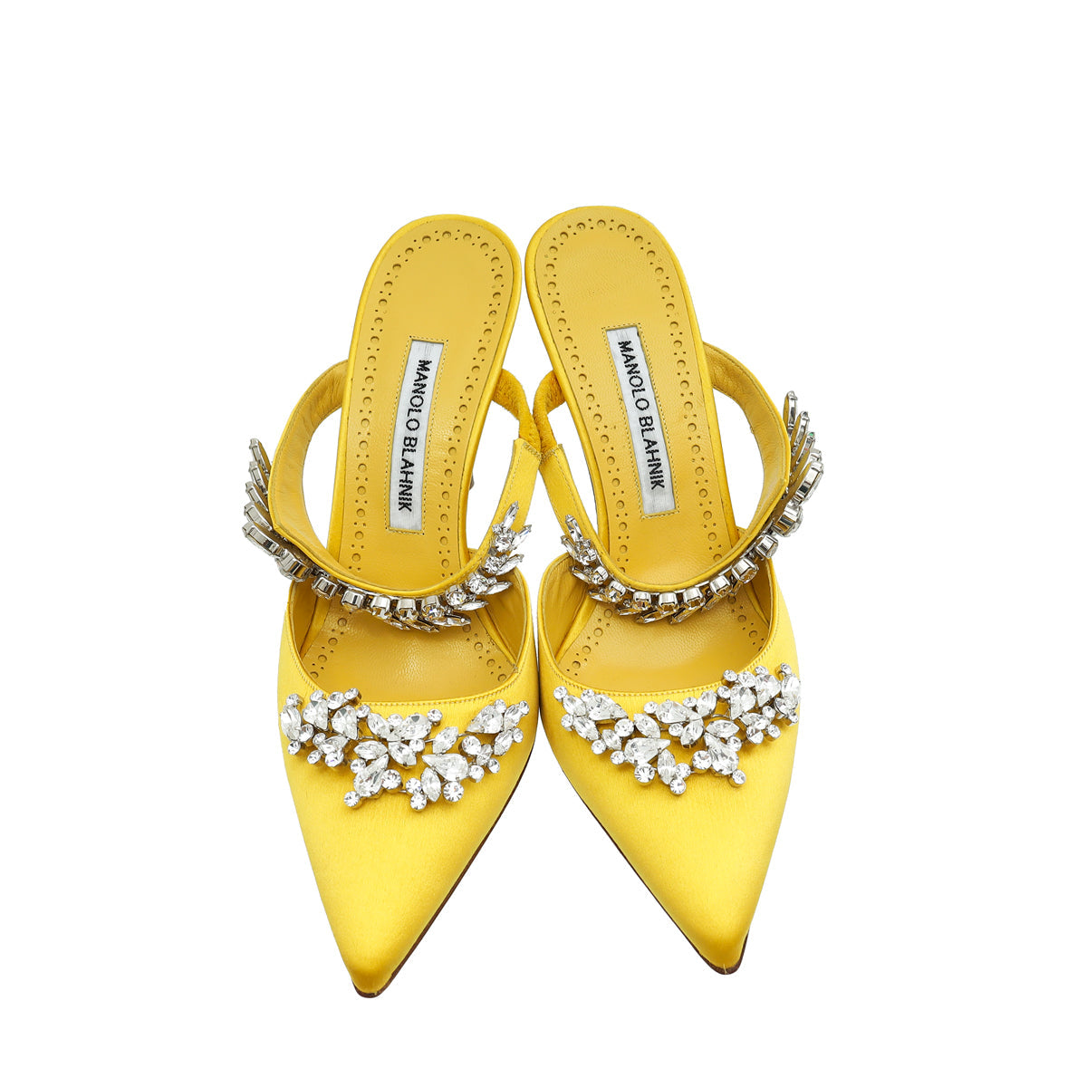Manolo Blahnik Yellow Lurum Satin Crystal Slingback Mules 38.5
