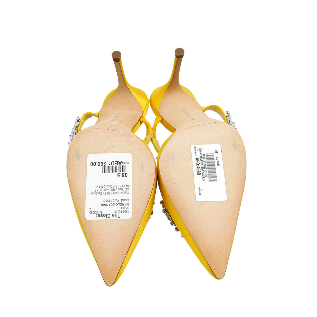 Manolo Blahnik Yellow Lurum Satin Crystal Slingback Mules 38.5
