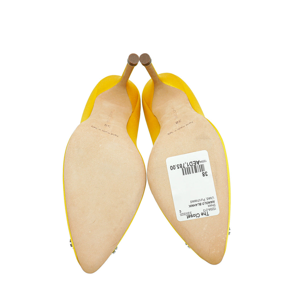 Manolo Blahnik Yellow Hangisi Embellished Satin Pump 38
