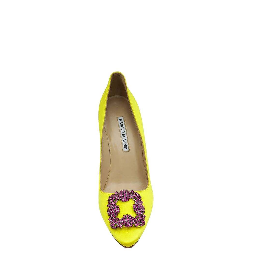 Manolo Blahnik Yellow Hangisi Embellished Satin Pump 38