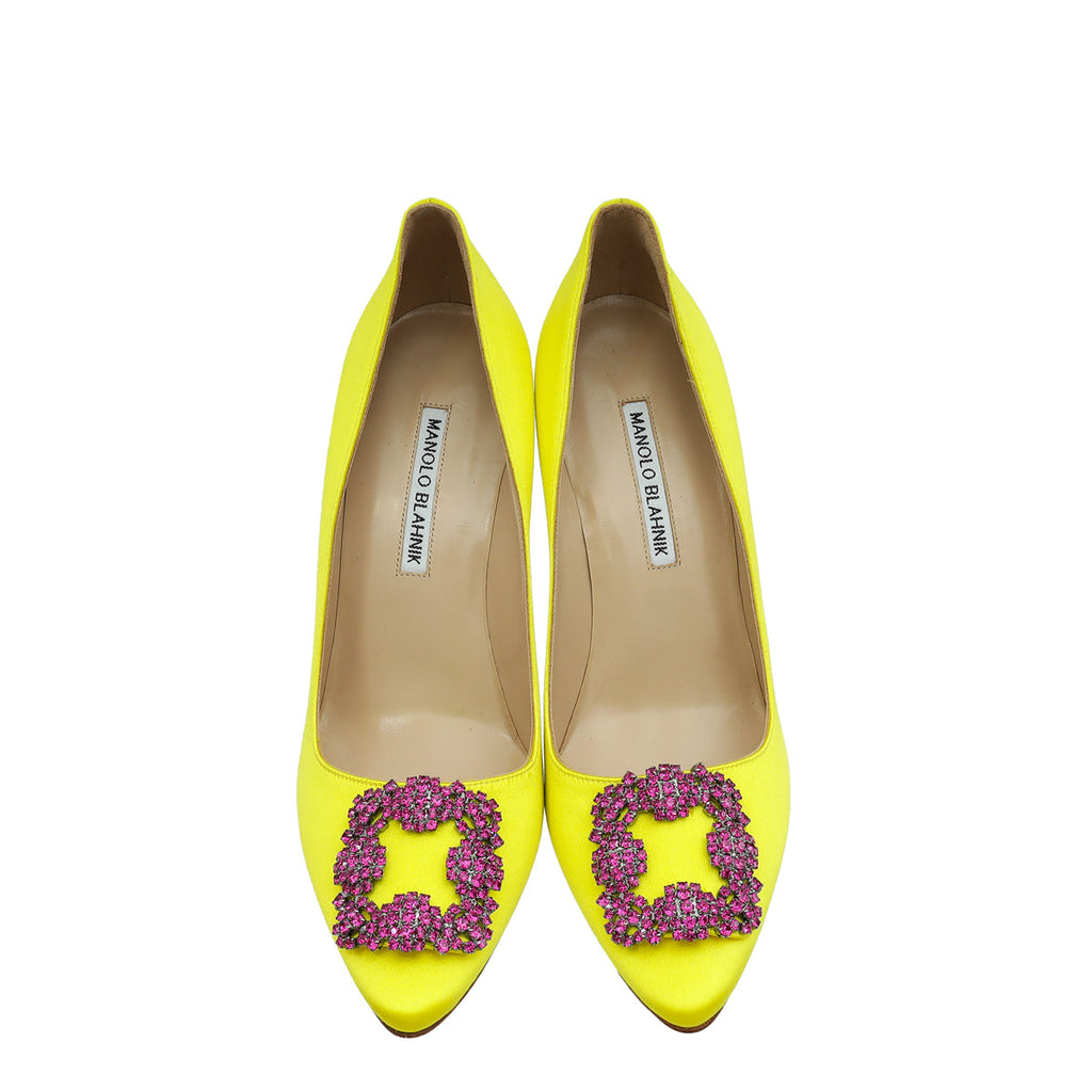 Manolo Blahnik Yellow Hangisi Embellished Satin Pump 38