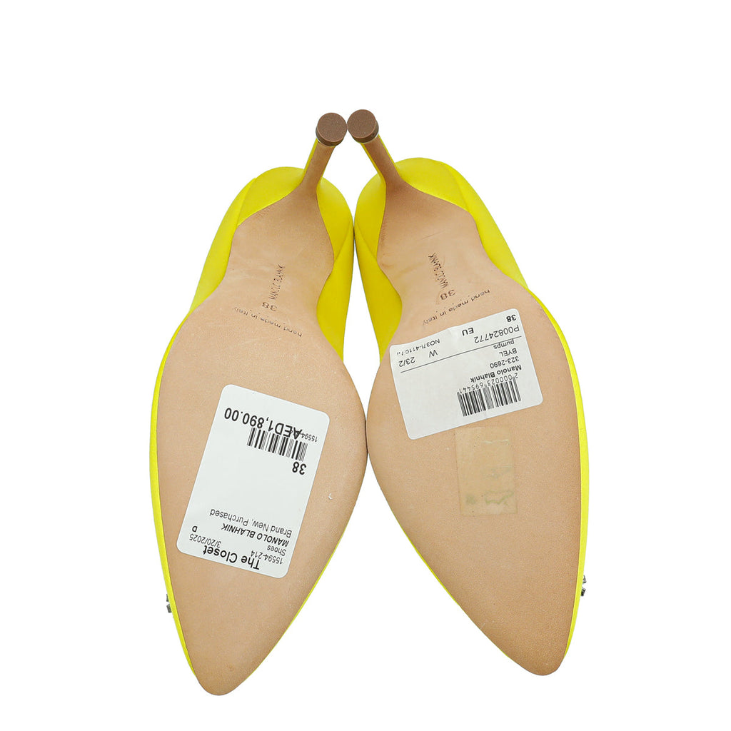Manolo Blahnik Yellow Hangisi Embellished Satin Pump 38