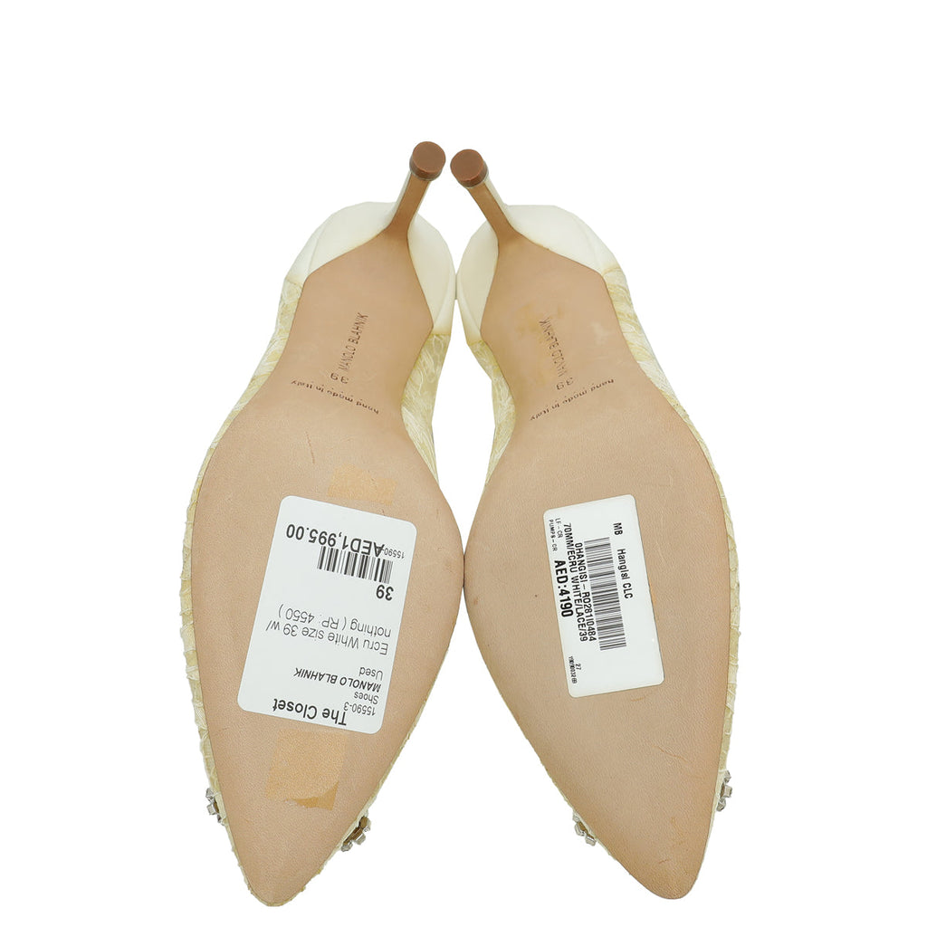 Manolo Blahnik Ecru White Hangisi Lace Embellished Pump 39