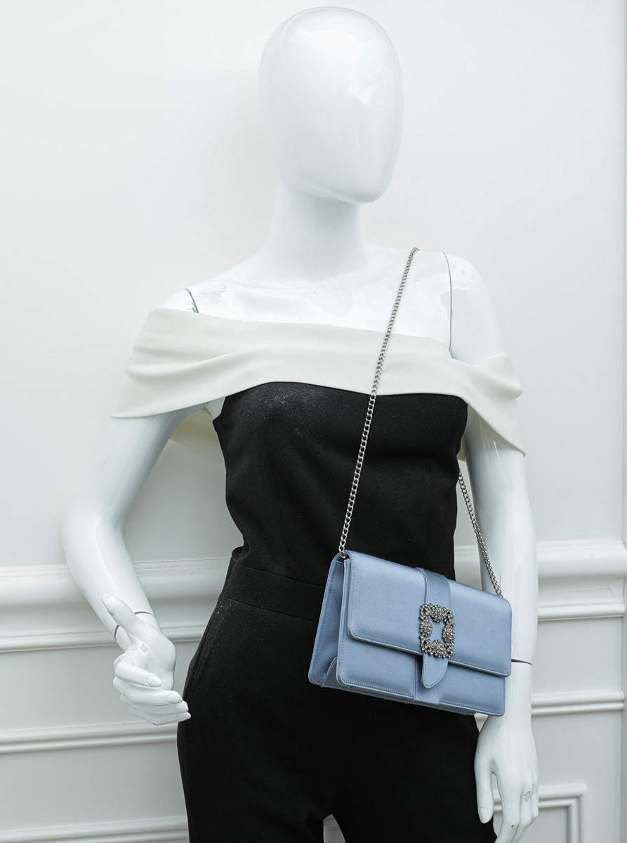 Manolo Blahnik Bluish Grey Satin Gothisi Chain Clutch