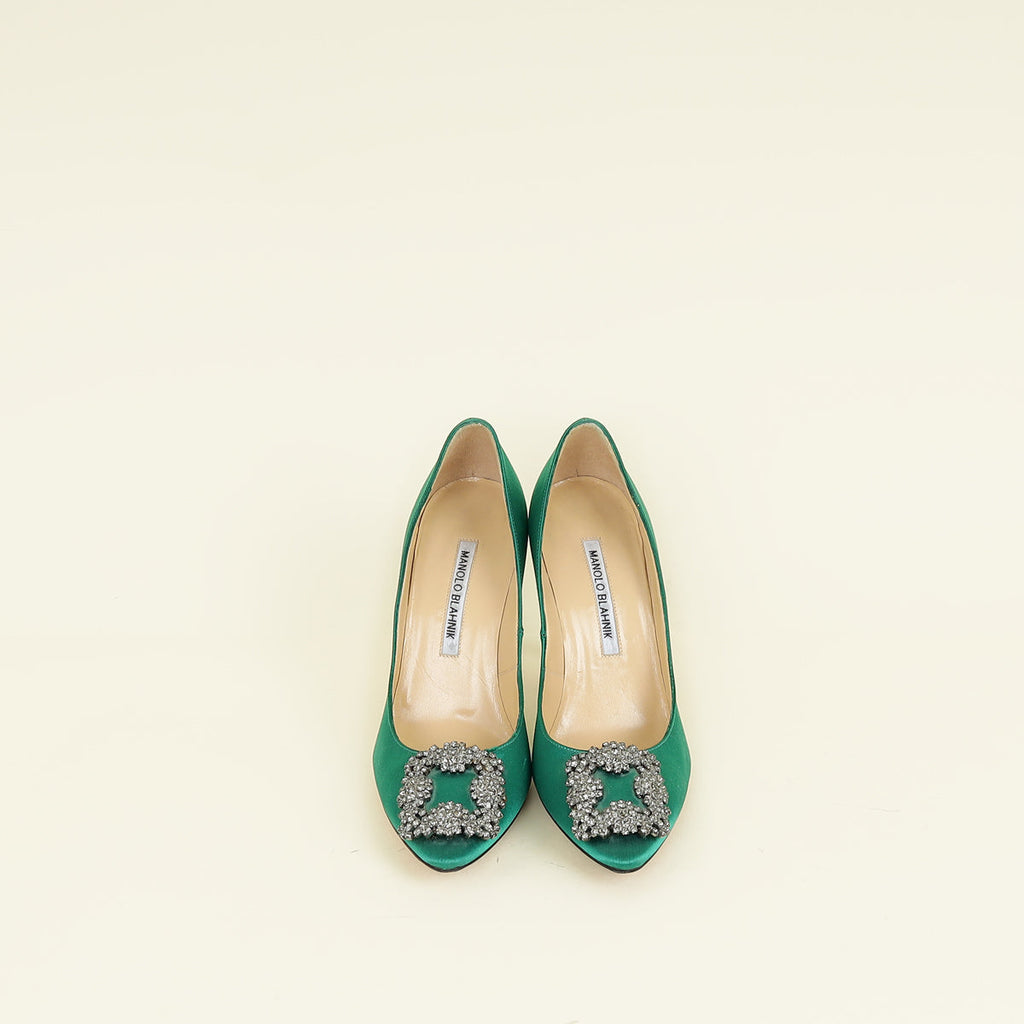 Manolo Blahnik Green Hangisi Buckle Pumps 36.5