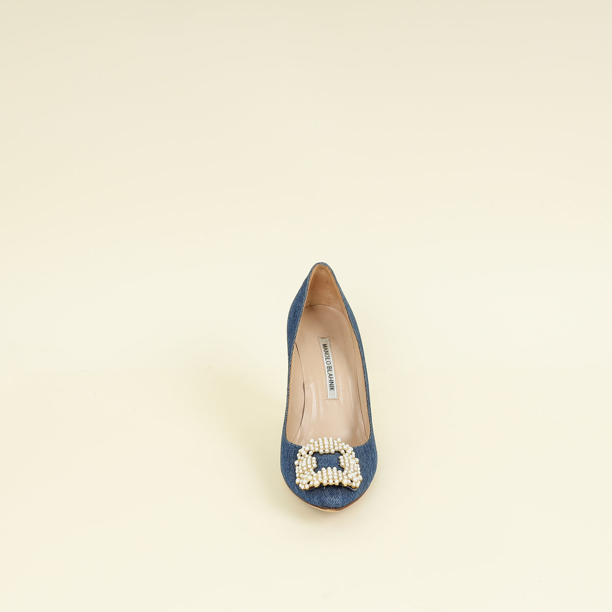 Manolo Blahnik Blue Denim Pearl Embellished Hangisi Pumps 37.5