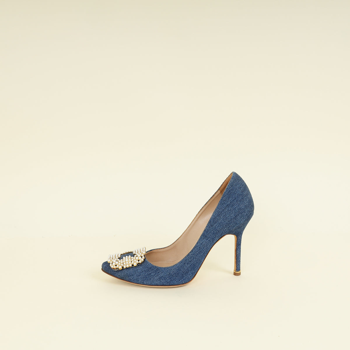 Manolo Blahnik Blue Denim Pearl Embellished Hangisi Pumps 37.5