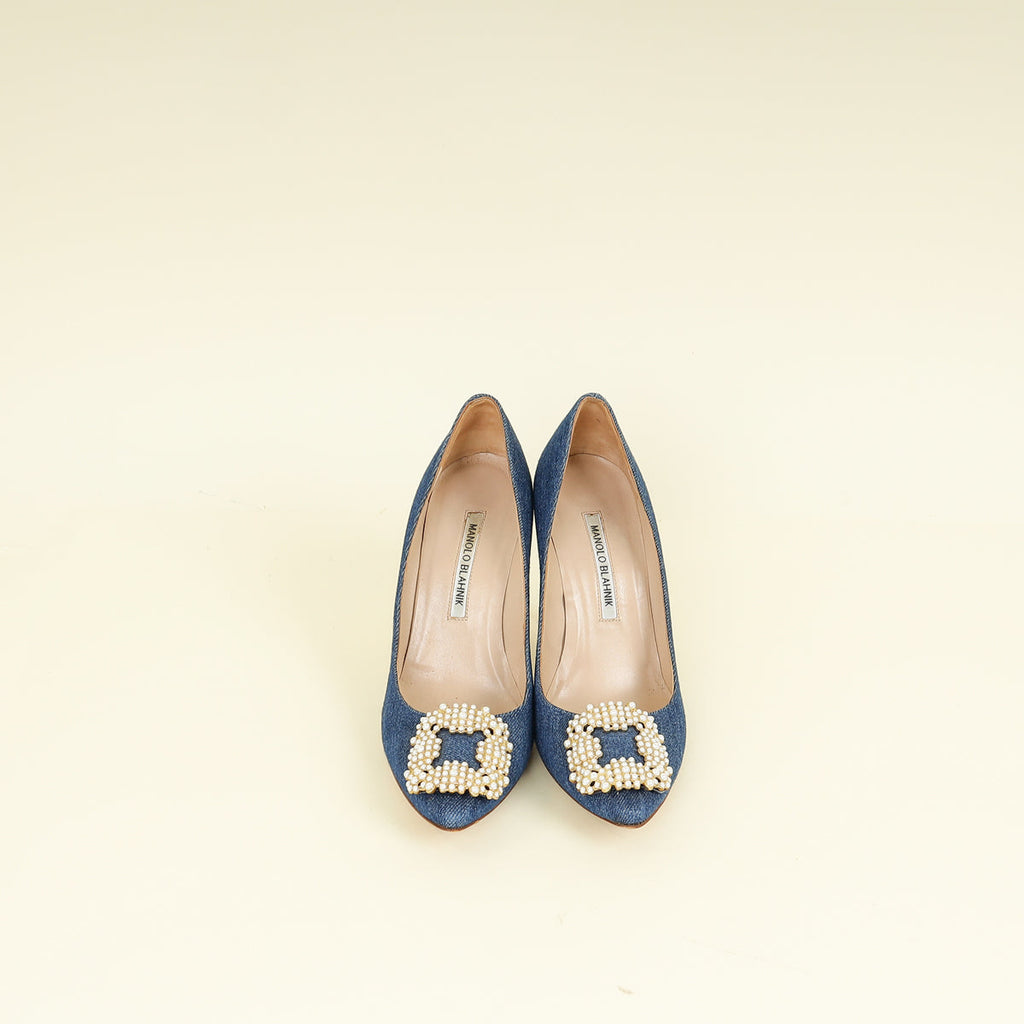 Manolo Blahnik Blue Denim Pearl Embellished Hangisi Pumps 37.5