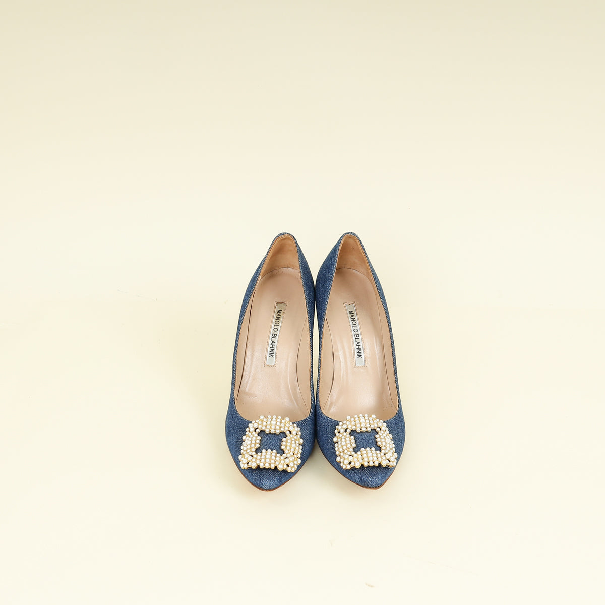Manolo Blahnik Blue Denim Pearl Embellished Hangisi Pumps 37.5