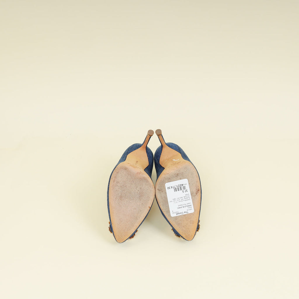 Manolo Blahnik Blue Denim Pearl Embellished Hangisi Pumps 37.5